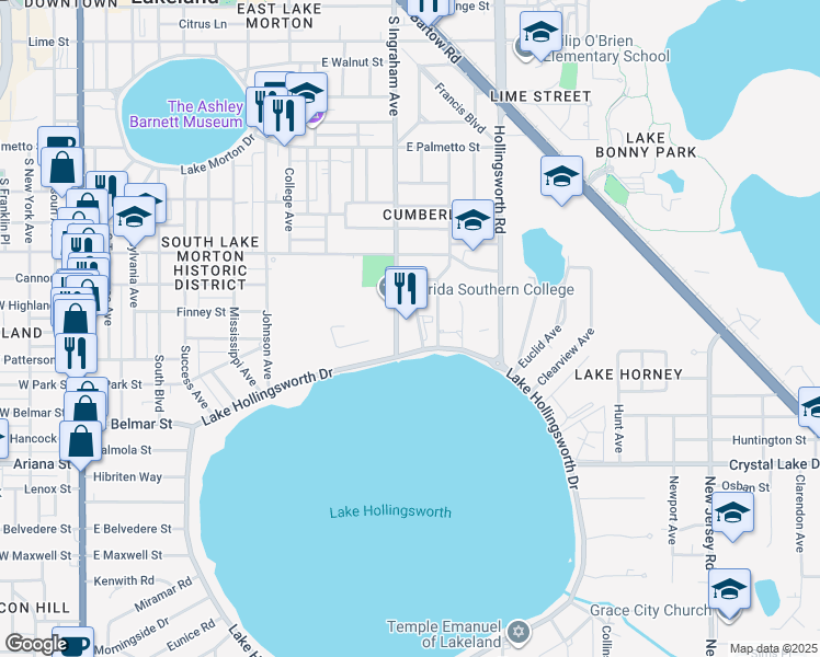 map of restaurants, bars, coffee shops, grocery stores, and more near 111 Lake Hollingsworth Drive in Lakeland