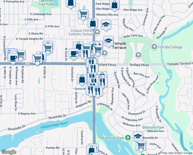 map of restaurants, bars, coffee shops, grocery stores, and more near 8839 North 56th Street in Tampa