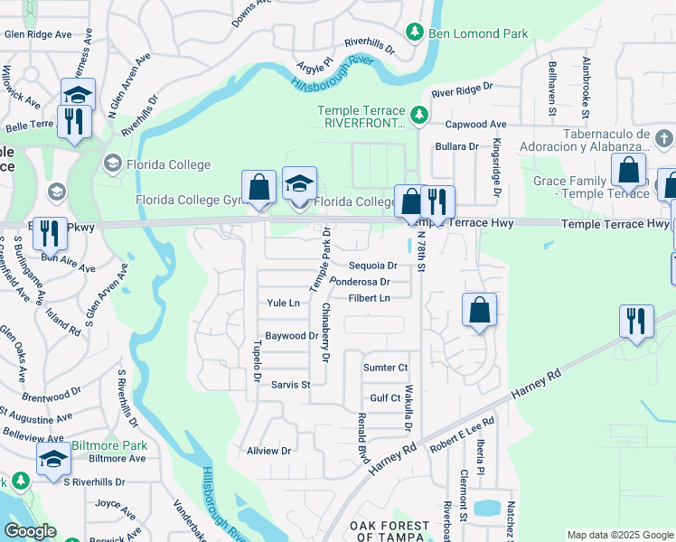 map of restaurants, bars, coffee shops, grocery stores, and more near 7307 Sequoia Drive in Tampa