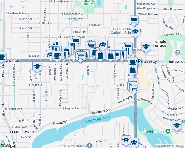 map of restaurants, bars, coffee shops, grocery stores, and more near 8725 North 50th Street in Tampa