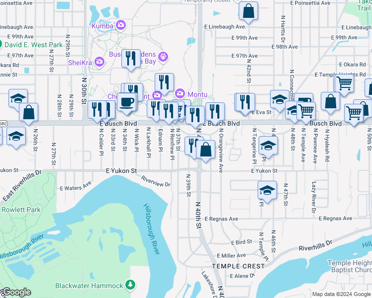 map of restaurants, bars, coffee shops, grocery stores, and more near 8902 North 39th Street in Tampa