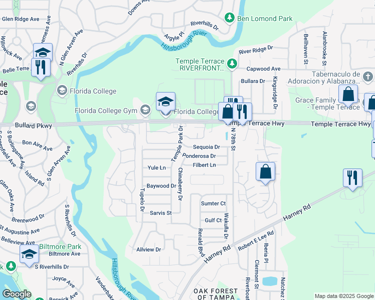 map of restaurants, bars, coffee shops, grocery stores, and more near 7307 Sequoia Drive in Tampa