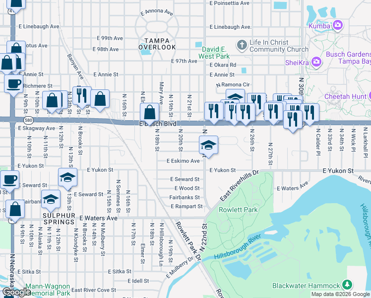 map of restaurants, bars, coffee shops, grocery stores, and more near 8904 North 20th Street in Tampa