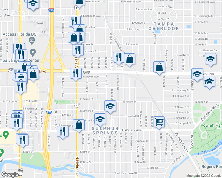 map of restaurants, bars, coffee shops, grocery stores, and more near 8723 North 13th Street in Tampa