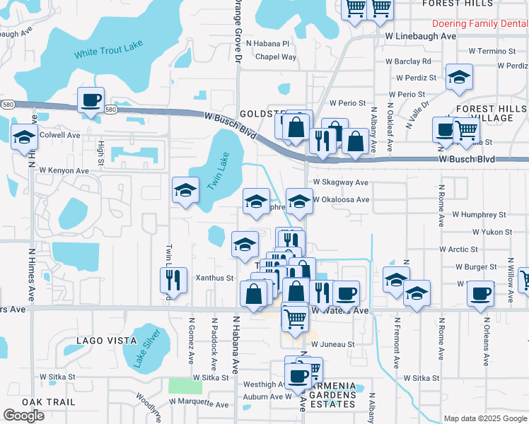 map of restaurants, bars, coffee shops, grocery stores, and more near 2600 West Humphrey Street in Tampa