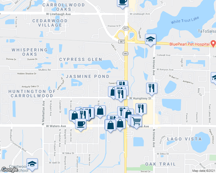 map of restaurants, bars, coffee shops, grocery stores, and more near 3832 North Lake Drive in Tampa