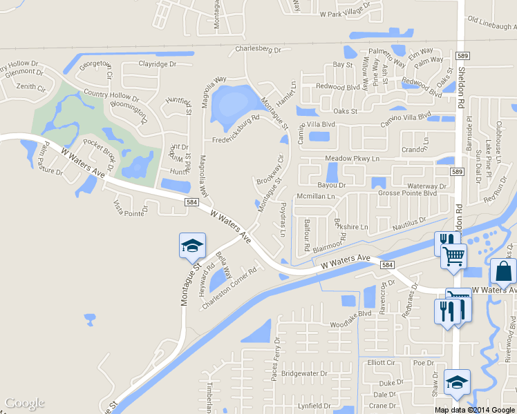 map of restaurants, bars, coffee shops, grocery stores, and more near 8608 Brookway Circle in Tampa