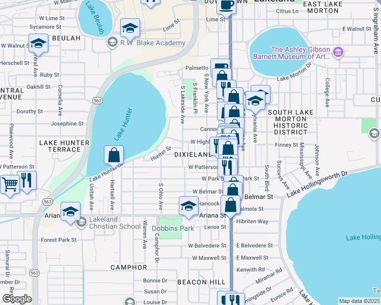 map of restaurants, bars, coffee shops, grocery stores, and more near 409 Hunter Street in Lakeland