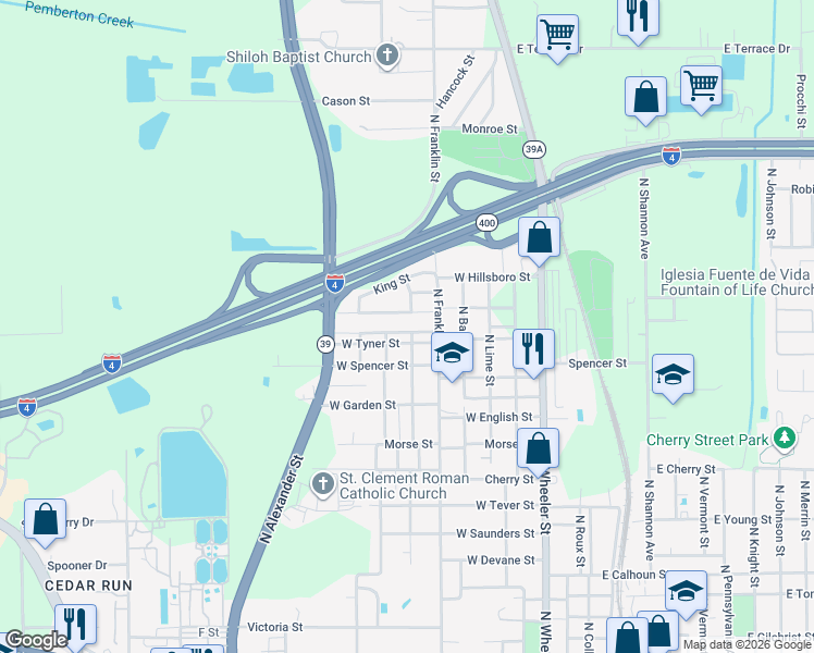 map of restaurants, bars, coffee shops, grocery stores, and more near 902 Woodlawn Avenue in Plant City