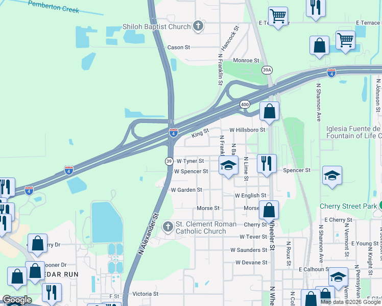 map of restaurants, bars, coffee shops, grocery stores, and more near 1006 Woodlawn Avenue in Plant City
