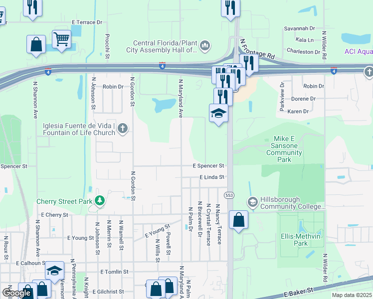 map of restaurants, bars, coffee shops, grocery stores, and more near 1708 North Maryland Avenue in Plant City