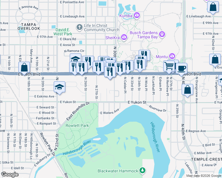 map of restaurants, bars, coffee shops, grocery stores, and more near 2940 Kelly Ridge Lane in Tampa