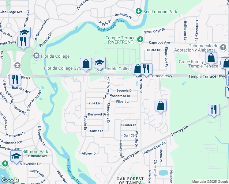 map of restaurants, bars, coffee shops, grocery stores, and more near 7307 Sequoia Drive in Tampa