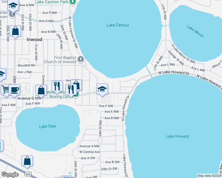 map of restaurants, bars, coffee shops, grocery stores, and more near 2300 West Cannon Terrace Northwest in Winter Haven