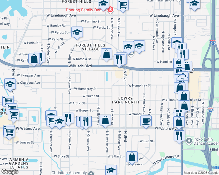 map of restaurants, bars, coffee shops, grocery stores, and more near 8900 El Portal Dr in Tampa