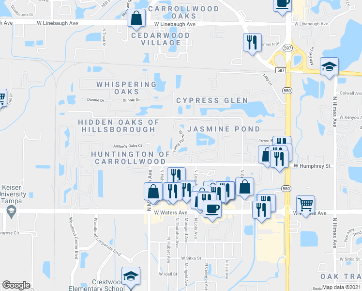map of restaurants, bars, coffee shops, grocery stores, and more near 8647 Fancy Finch Drive in Tampa