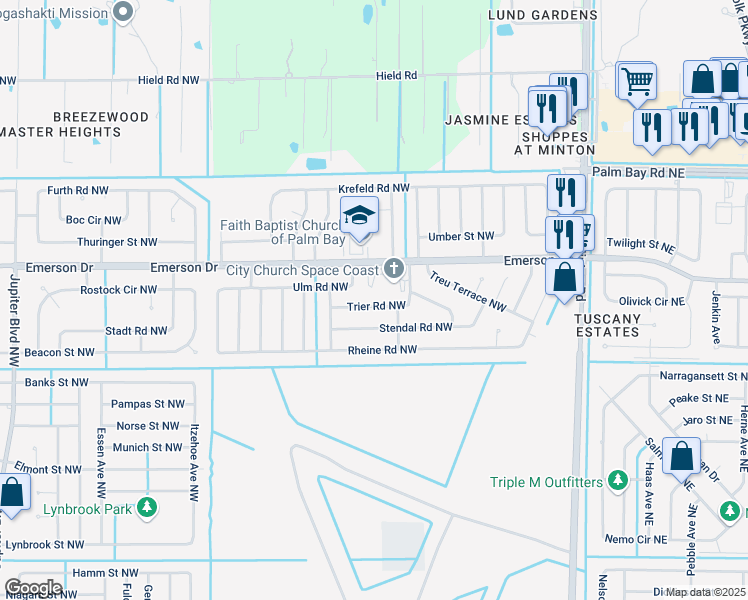 map of restaurants, bars, coffee shops, grocery stores, and more near 423 Trier Road Northwest in Palm Bay