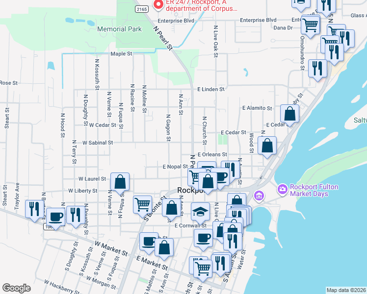 map of restaurants, bars, coffee shops, grocery stores, and more near 811 North Ann Street in Rockport