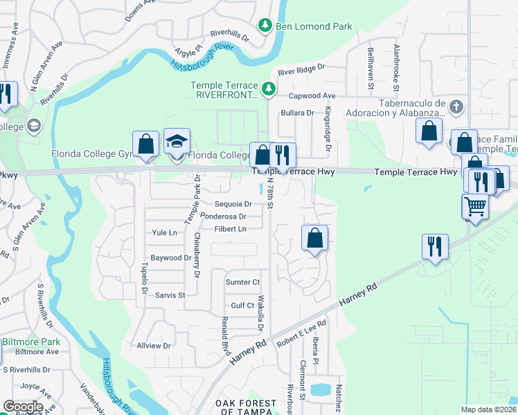 map of restaurants, bars, coffee shops, grocery stores, and more near 7337 Sequoia Drive in Tampa
