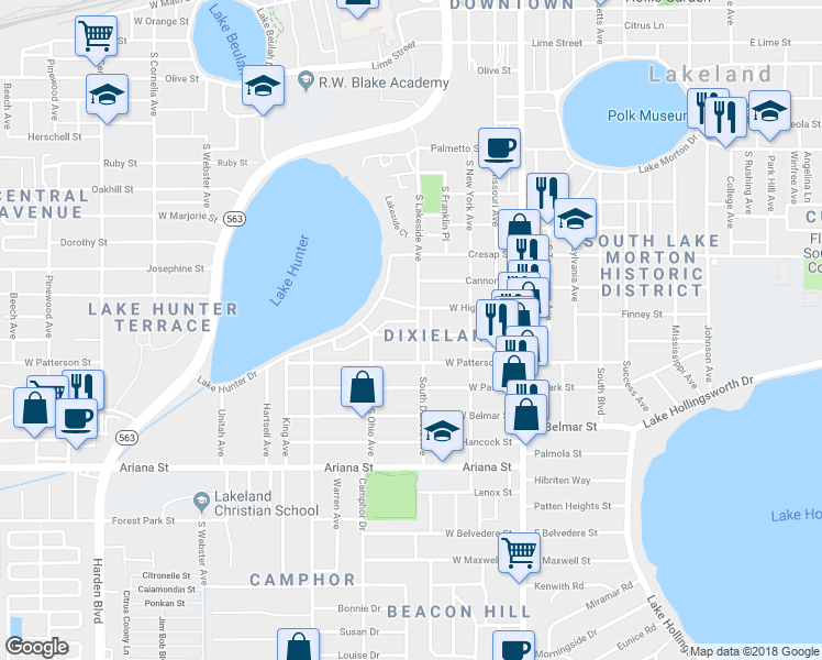 map of restaurants, bars, coffee shops, grocery stores, and more near 507 Hunter Street in Lakeland
