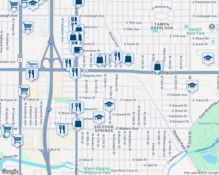 map of restaurants, bars, coffee shops, grocery stores, and more near 8723 North 13th Street in Tampa