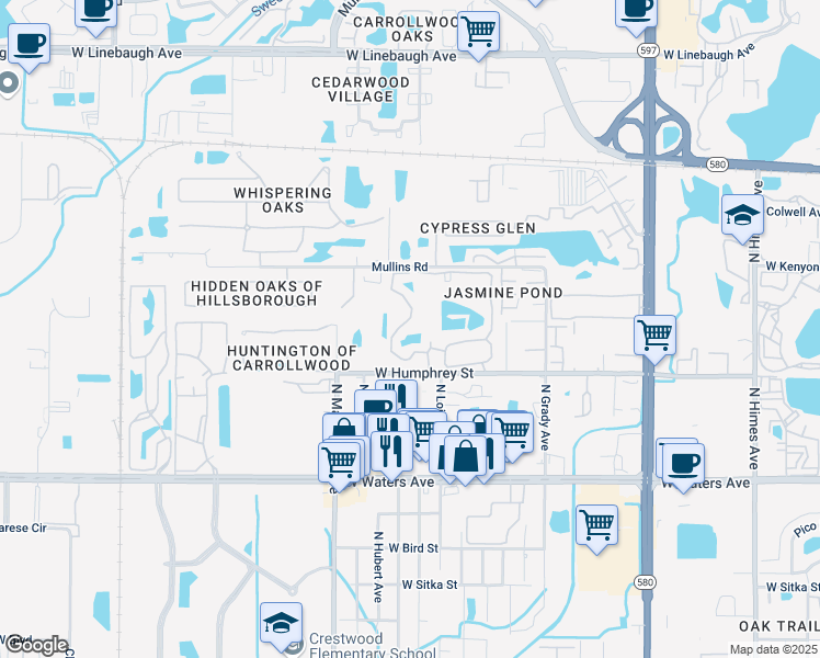map of restaurants, bars, coffee shops, grocery stores, and more near 8653 Fancy Finch Drive in Tampa