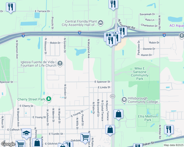 map of restaurants, bars, coffee shops, grocery stores, and more near 1708 North Maryland Avenue in Plant City
