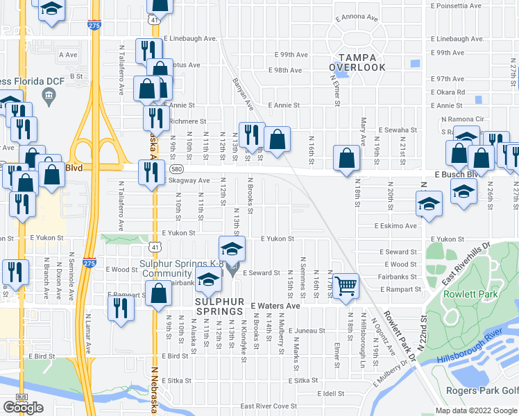 map of restaurants, bars, coffee shops, grocery stores, and more near 1311 East Humphrey Street in Tampa