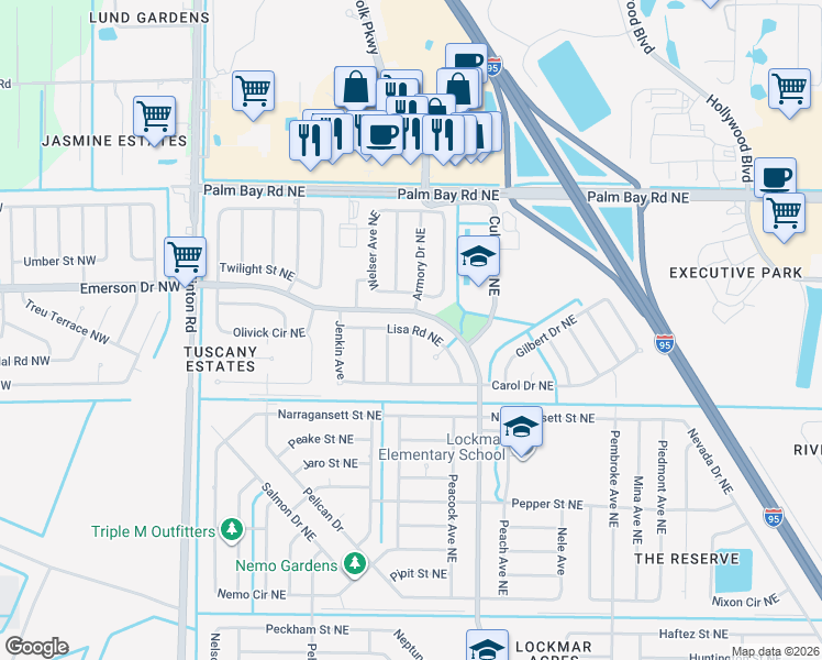 map of restaurants, bars, coffee shops, grocery stores, and more near 399 Lisa Road Northeast in Palm Bay