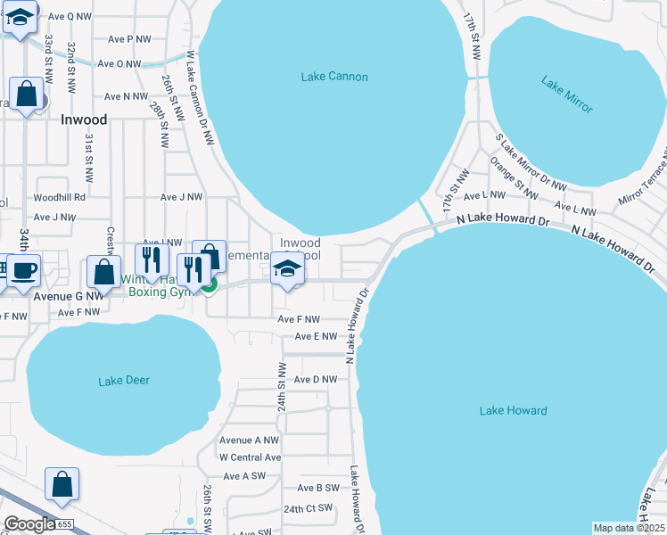 map of restaurants, bars, coffee shops, grocery stores, and more near 2107 Avenue G Northwest in Winter Haven