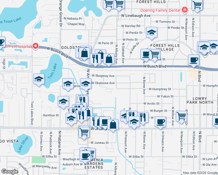 map of restaurants, bars, coffee shops, grocery stores, and more near 8844 Crestview Drive in Tampa