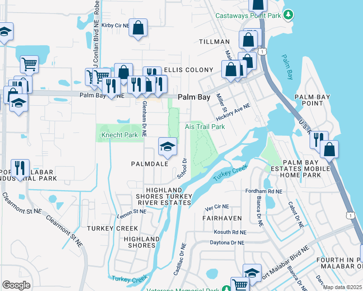map of restaurants, bars, coffee shops, grocery stores, and more near 2791 School Drive in Palm Bay