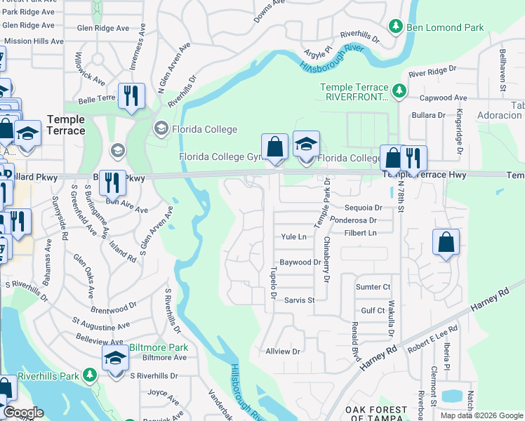 map of restaurants, bars, coffee shops, grocery stores, and more near 6901 Aruba Avenue in Temple Terrace