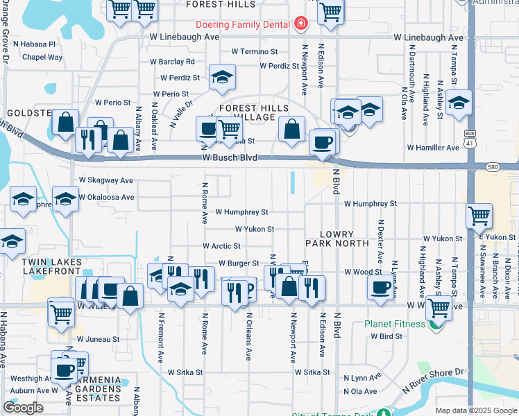 map of restaurants, bars, coffee shops, grocery stores, and more near 1309 West Humphrey Street in Tampa