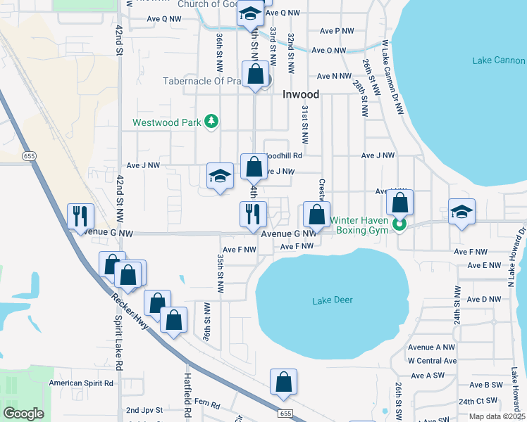 map of restaurants, bars, coffee shops, grocery stores, and more near 736-740 34th St NW in Winter Haven