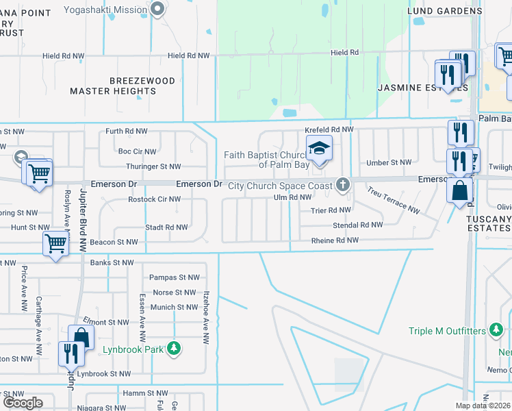 map of restaurants, bars, coffee shops, grocery stores, and more near 1285 Karlovy Avenue Northwest in Palm Bay