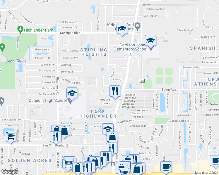 map of restaurants, bars, coffee shops, grocery stores, and more near 1515 Fife Court in Dunedin