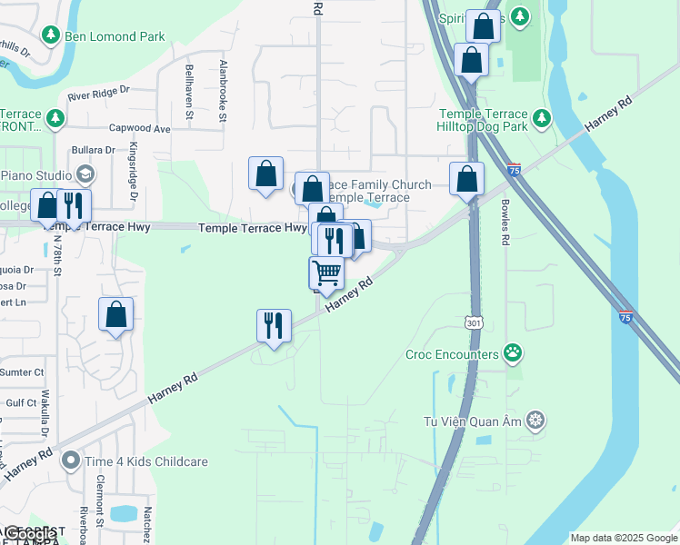 map of restaurants, bars, coffee shops, grocery stores, and more near 8775 Temple Terrace Highway in Tampa