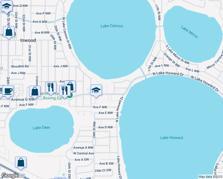 map of restaurants, bars, coffee shops, grocery stores, and more near 2101 Avenue G Northwest in Winter Haven