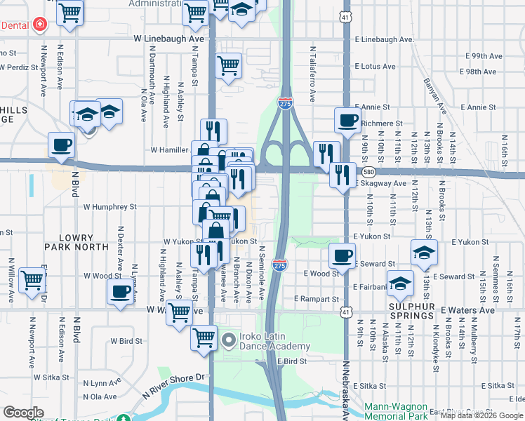 map of restaurants, bars, coffee shops, grocery stores, and more near 303 Wellington Court in Tampa