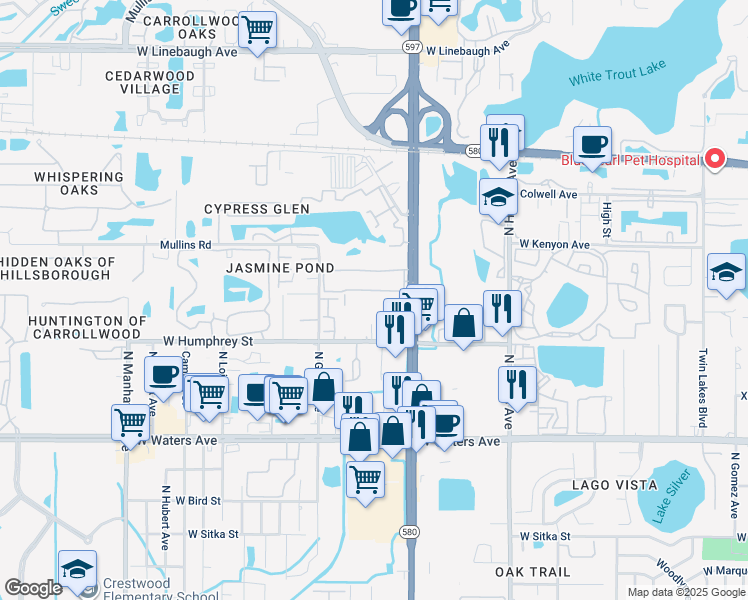 map of restaurants, bars, coffee shops, grocery stores, and more near 8605 Huron Court in Tampa