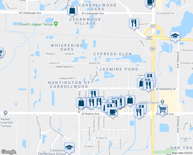map of restaurants, bars, coffee shops, grocery stores, and more near 8647 Fancy Finch Drive in Tampa