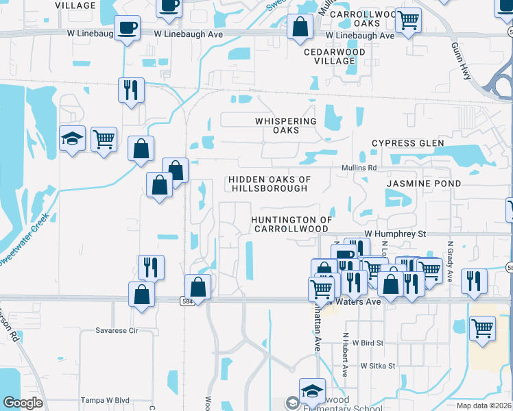 map of restaurants, bars, coffee shops, grocery stores, and more near 4561 Amberly Oaks Court in Tampa