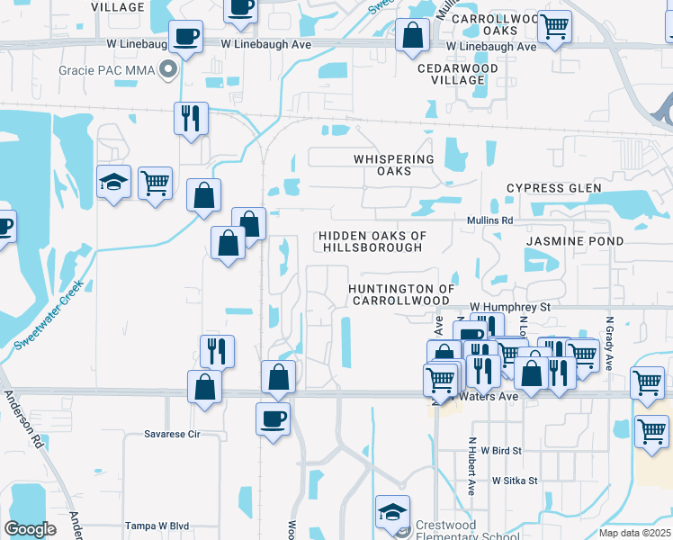 map of restaurants, bars, coffee shops, grocery stores, and more near 4631 Hidden Shadow Drive in Tampa