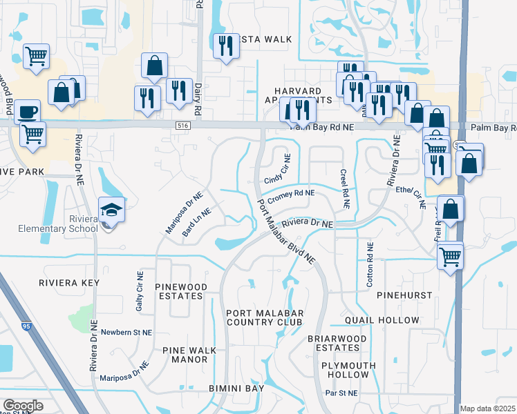 map of restaurants, bars, coffee shops, grocery stores, and more near 1398 Cromey Road Northeast in Palm Bay
