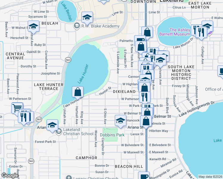 map of restaurants, bars, coffee shops, grocery stores, and more near 507 Hunter Street in Lakeland