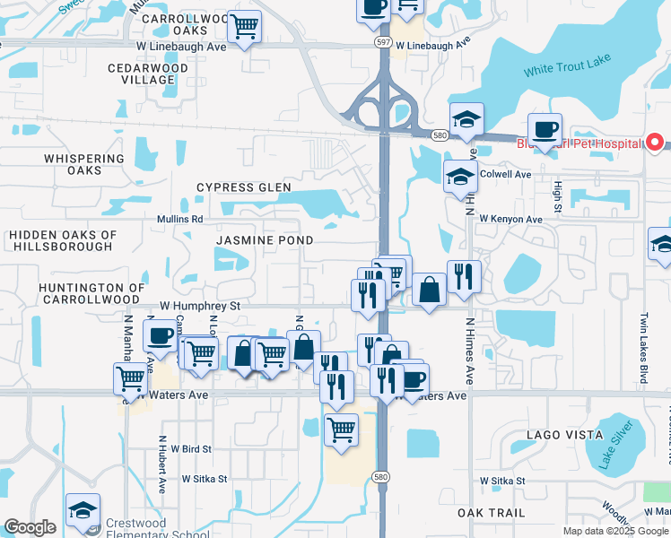 map of restaurants, bars, coffee shops, grocery stores, and more near 3832 North Lake Drive in Tampa