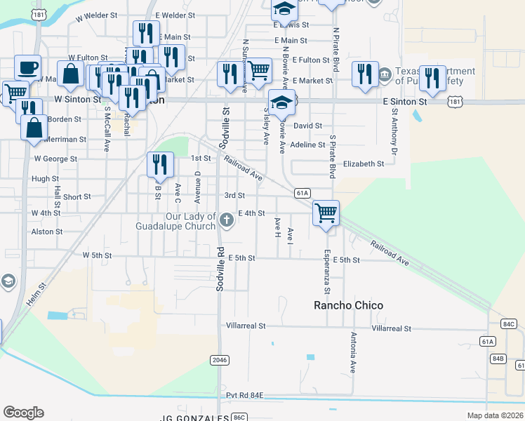 map of restaurants, bars, coffee shops, grocery stores, and more near 822 East 4th Street in Sinton