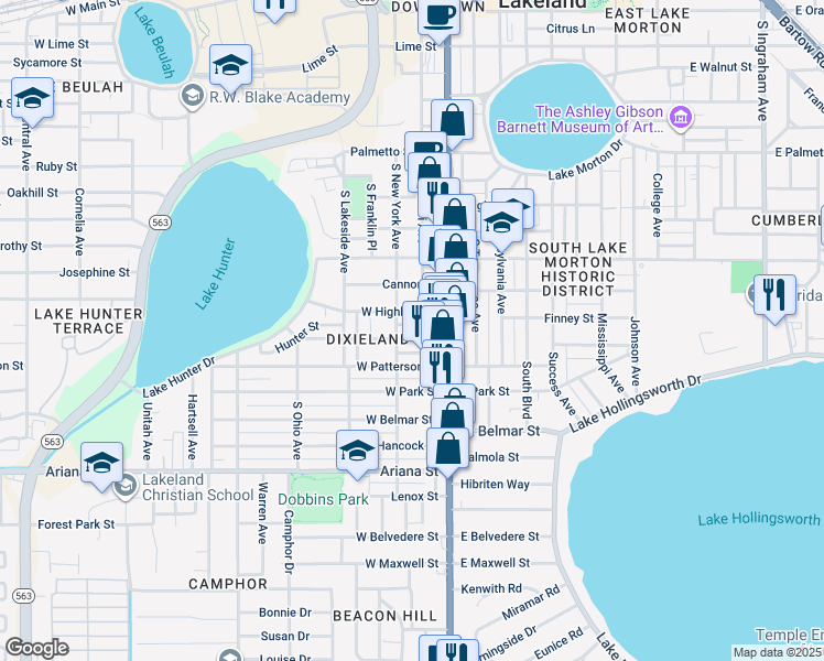 map of restaurants, bars, coffee shops, grocery stores, and more near 205 Hunter St in Lakeland