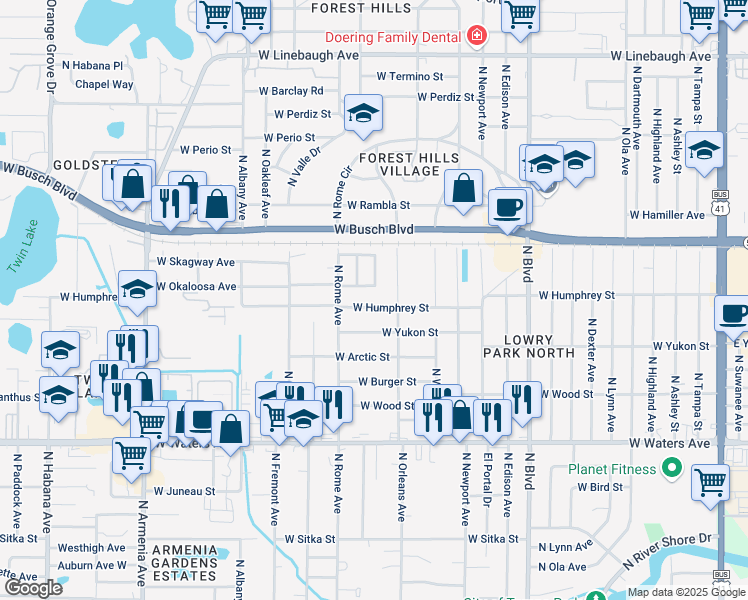 map of restaurants, bars, coffee shops, grocery stores, and more near 1413 W Humphrey St in Tampa